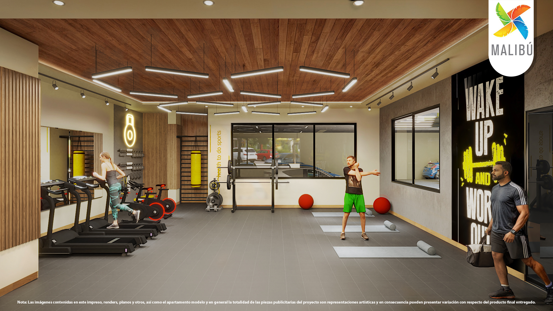 Render del gimnasio completamente dotado del Proyecto Malibú.